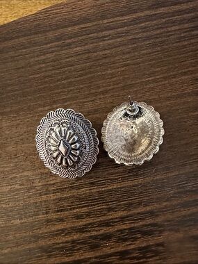 Silver-Tone Oval Concho Stud Earrings